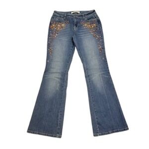 Mixit Womens Embellished Flare Jeans Blue Denim Beaded Stones Mid Rise Size 6